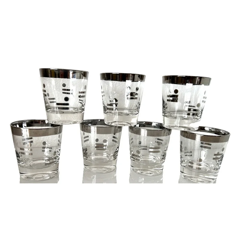 Vintage 1960 Metalyte Dorothy Thorpe Style Silver Dot Dash Rock Glass Set 7 MCM
